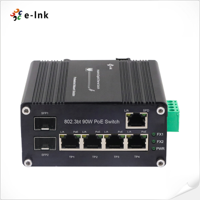 سوئیچ PoE صنعتی بدون مدیریت 4 پورت 802.3bt 90W با فیبر SFP 1 پورت RJ45 و 2 پورت